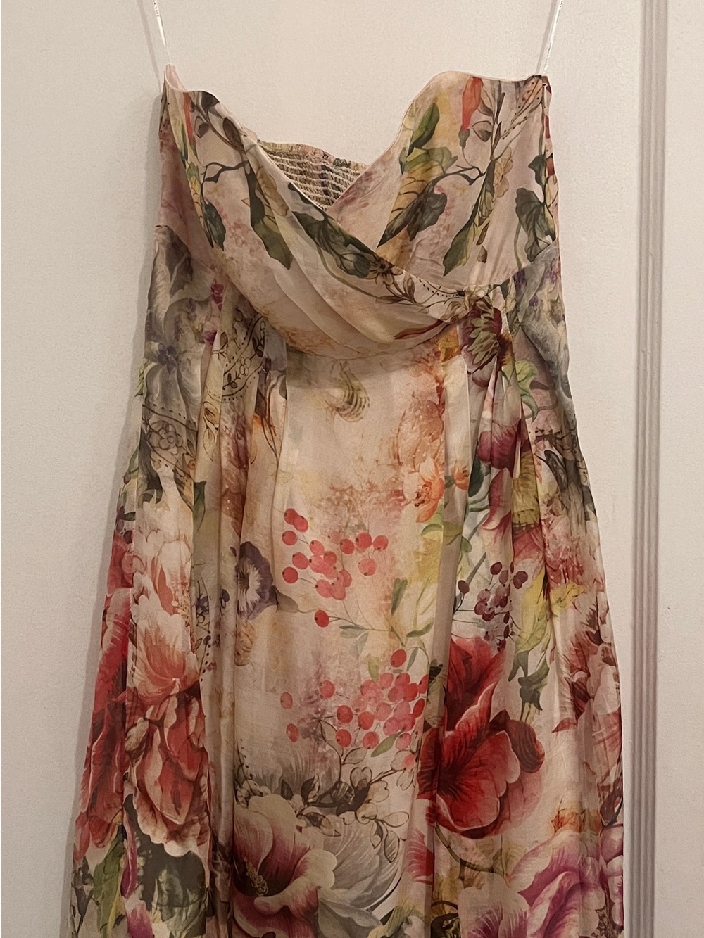 ZARA Women's Ivory Multicolored Floral Silk Strapless Lined Pleated Mini Dress L
